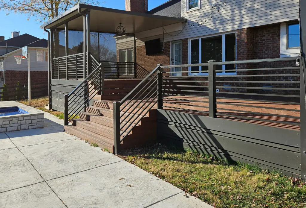 composite deck with aluminum skirting and roof composite deck with aluminum railing